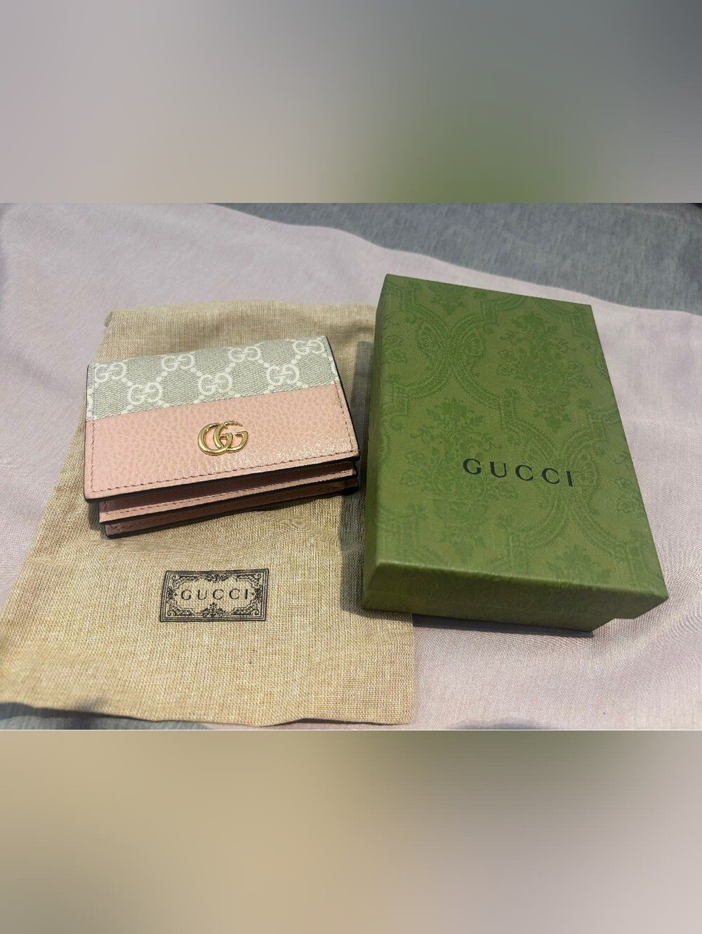 Gucci Beige GG Canvas and Pink Leather Mini Wallet with Gold Double G - Picture 4 of 8
